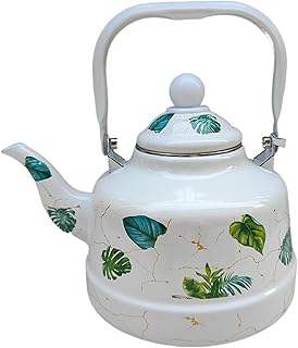 Retro Enamel Teapot with Handle - Green Leaf Design, Modern Minimalist Compatible with Gas, Induction & Wood Stoves, Ideal for Boiling Water & Brewing Tea(1.1liters)