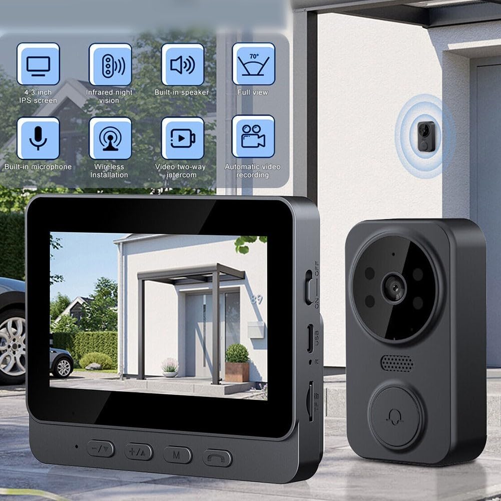 Sonnette vidéo WiFi sans fil, écran de 4,3", sonnette vidéo intelligente avec caméra à piles, vision nocturne, prise en charge audio bidirectionnelle, carte TF