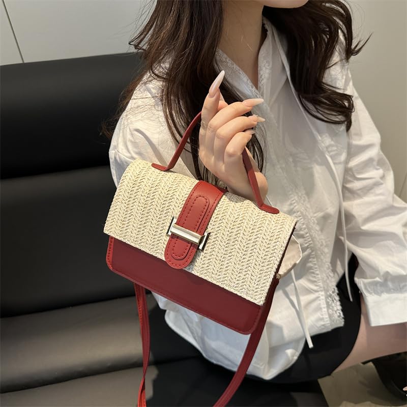 Woven Straw Crossbody Handbag, Two-Tone Design with Gold Buckle, Adjustable Strap，Simple and fashionable3