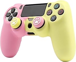 RALAN Controlador de color dúplex rosa y amarillo para PS4, protector de cubierta de agarre antideslizante compatible con controladores Playstation 4/PS4 Slim/PS4 Pro con 2 tapas de agarre para el