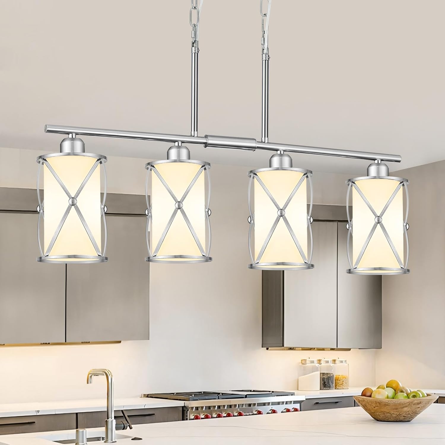 4-Light Kitchen Island Lighting, Linear Brushed Nickel Dining Room Light Fixtures with Milk Glass, Modern Industrial Chandelier Pendant Light for Kitchen Island Dining Room, CH9176BNW-4IS Nickel, Milk White Glass 4-Light, Linear