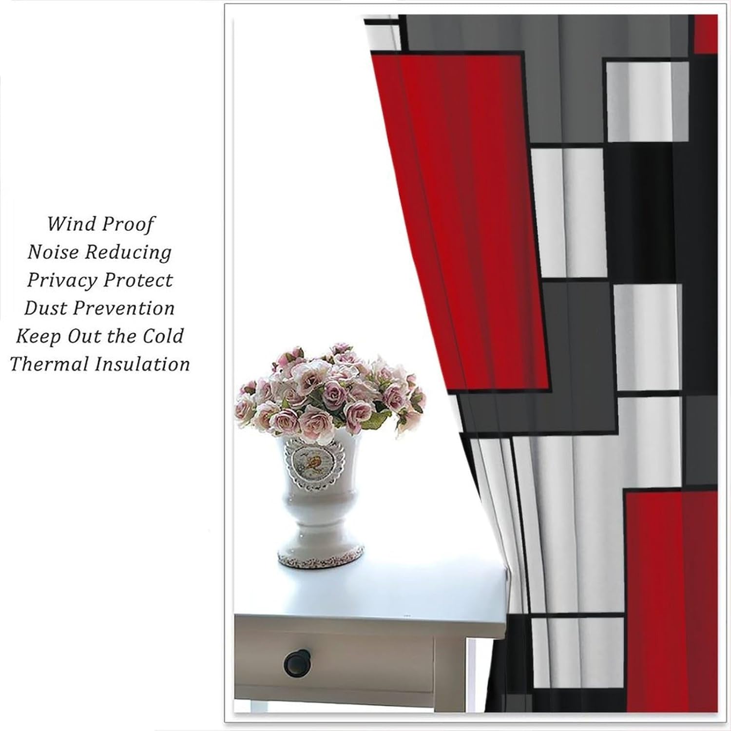 Abstract Geometric Curtains Red Black Gray and White Geometry Squares 3D Fashion Blackout Rod Pocket Curtains for Bedroom Living Room Thermal Insulated Window Drapes 2 Panel Set 42x45 Inch