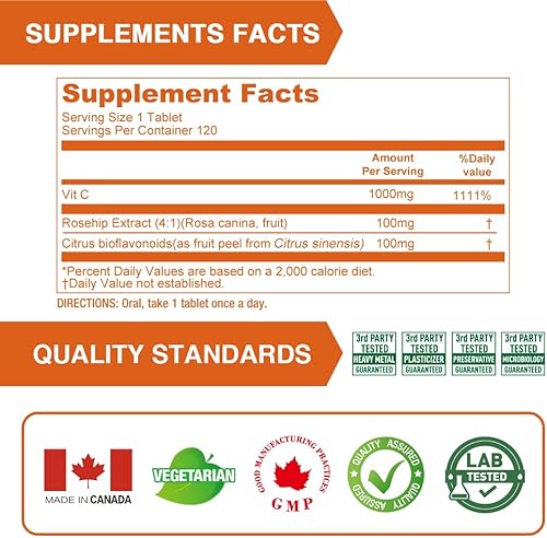 Miniatura 5 de Lovita Vitamina C de 1000 mg con bioflavonoides y rosa HIPS, revestimiento de liberación temporizada, alta potencia, apoya la función inmunológica