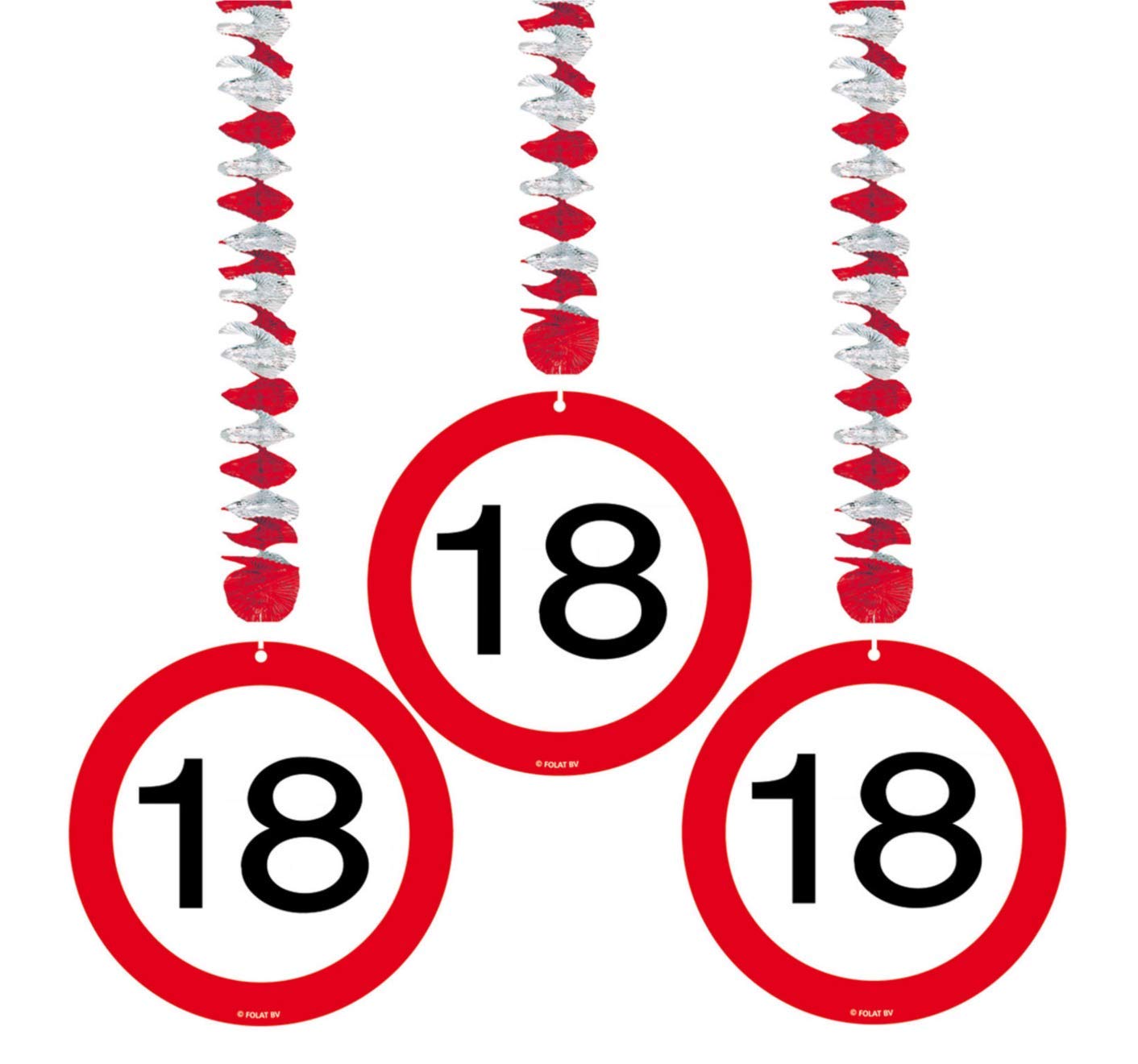 Traffic Sign 18th Party Hanging decor Pack of 3, 3 Traffic Sign Designs on foil spiral hanging decorations