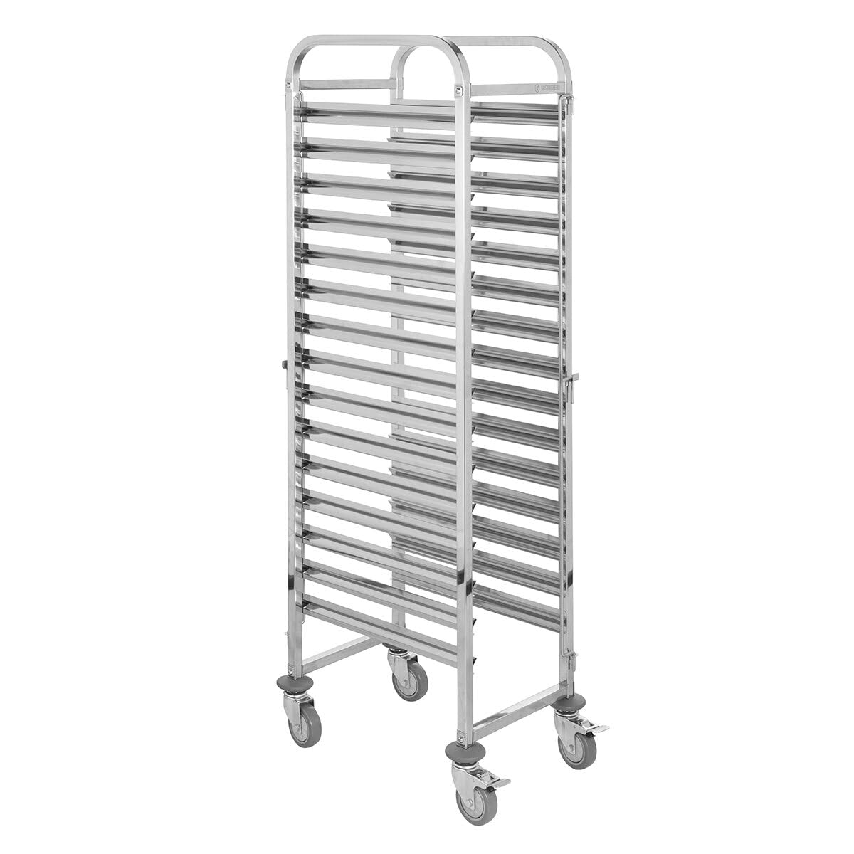 GastroHero Carrello per scaffali, carrello per vassoio, binari semplici, in acciaio inox LR-15MEN | Adatto per 15 x EN 40 x 60 cm, 15 ripiani da 30 kg ciascuno, capacità totale fino a 300 kg, 4 ruote, di cui 2 con freni