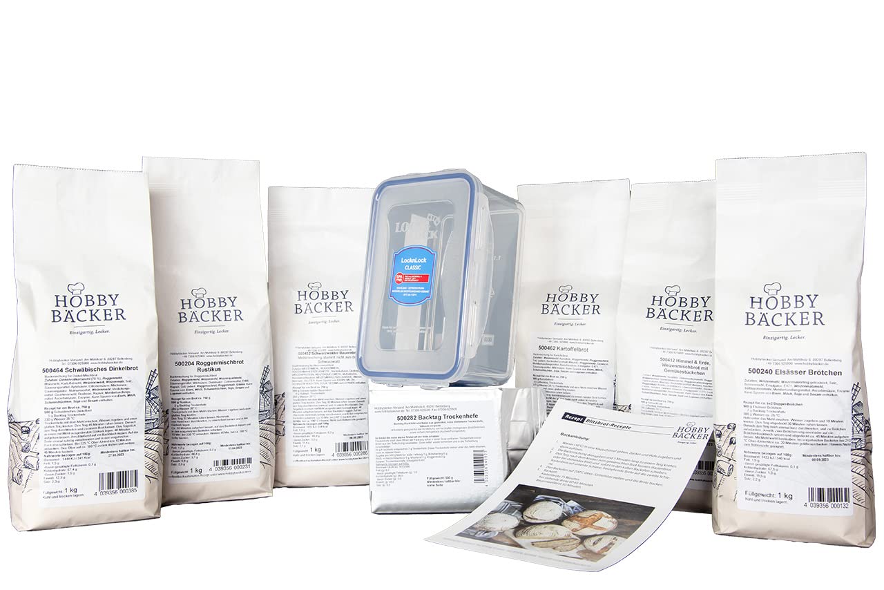 Hobbybäcker Blitzbrot-Starterset, 6 Backmischungen für Brote, perfekt Anfänger, schnell und unkompliziert Brote selber backen, Trockenhefe und Box inklusive