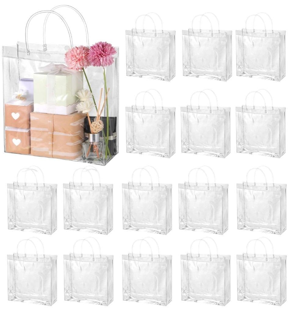 SATYAM KRAFT 24 Pcs Transparent Goodie Bags with Handle | Gift Bags for Her/Him,Clear Shopping Bags Wedding Return Gifts Birthday Baby Shower Valentine’s Day Christmas Party Hampers (25.5 x 24 x 8)CM