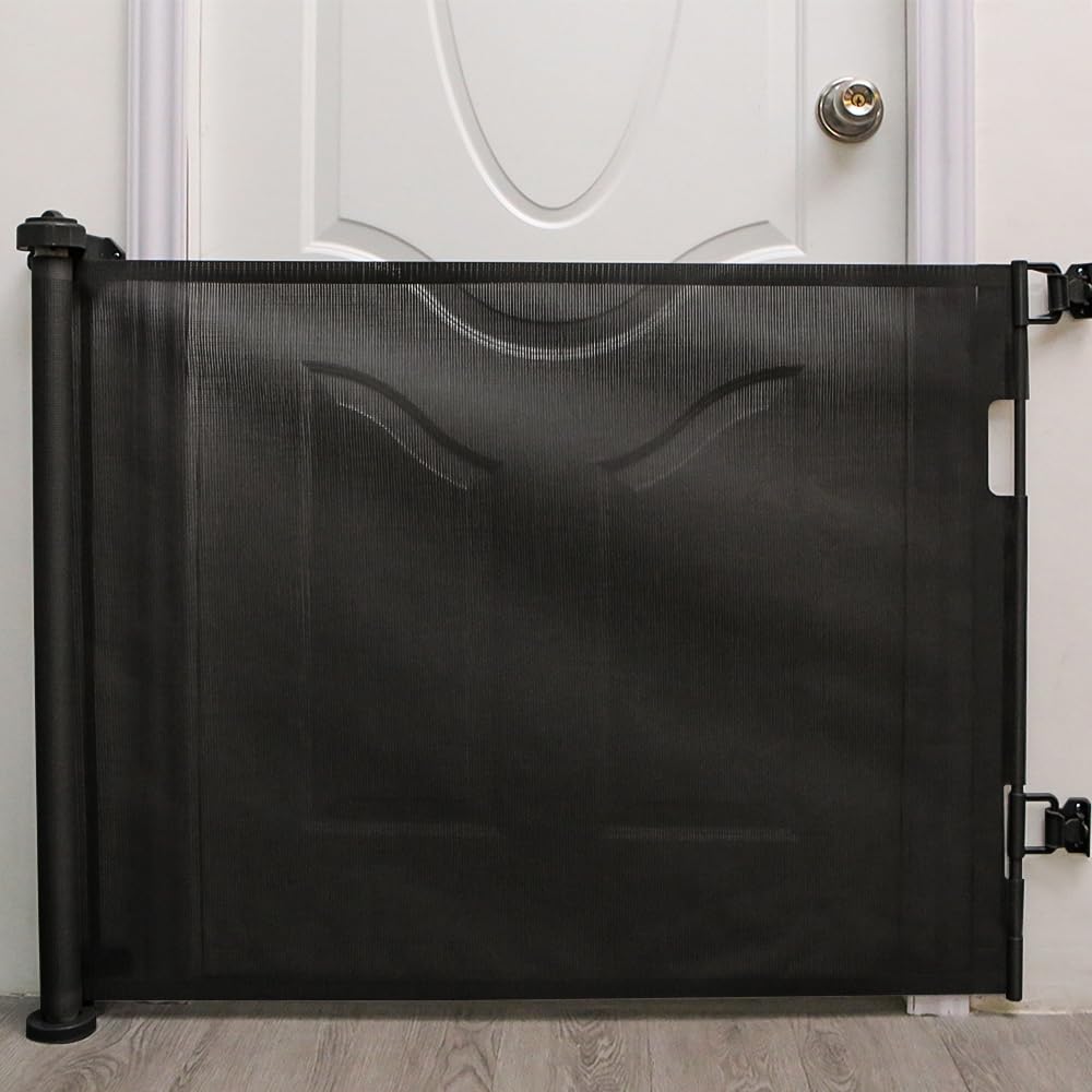 Barrera de seguridad retráctil para bebés y perros, 0-150 cm, barrera retráctil infantil, barrera de seguridad infantil, apta para escaleras, pasillos, interior (gris, 86 x 180 cm)