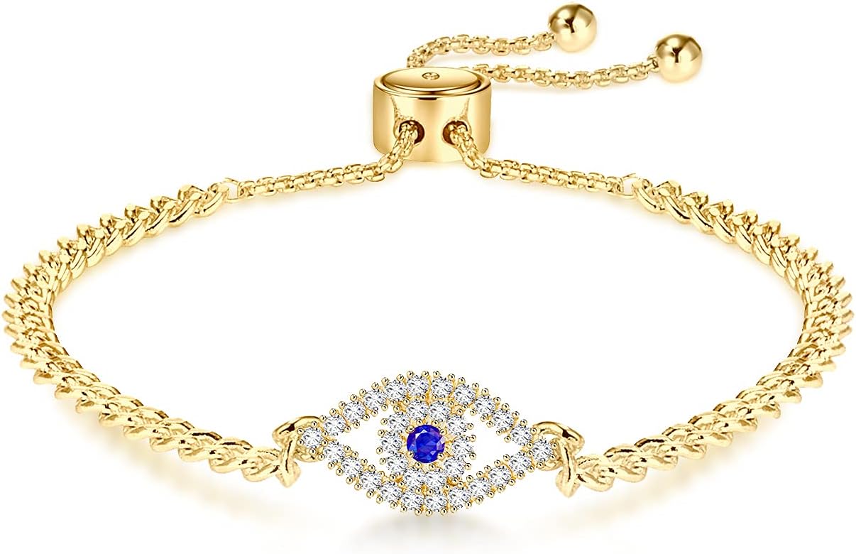 Apsvo Evil Eye Bracelet, Sideway Cross Bracelet, Silver 14K Gold Plated Bracelet for Women Adjustable Slide Chain Jewelry
