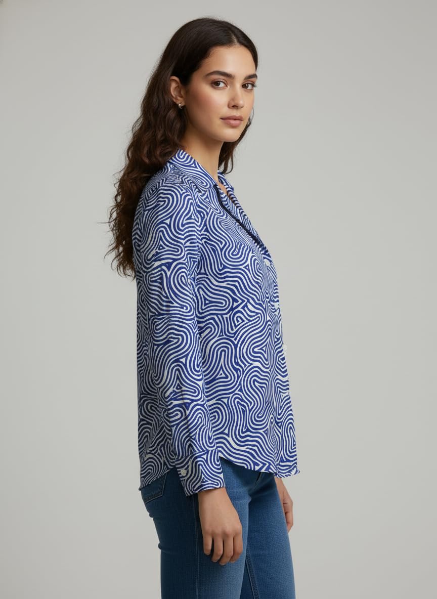 ANNI Designer Bedrucktes Damenhemd aus Baumwollmischgewebe, langärmelig, normale Passform, Hemdkragen, legere Bürokleidung, elegante Western-Kleidung für den Alltag, Hochzeit, Party