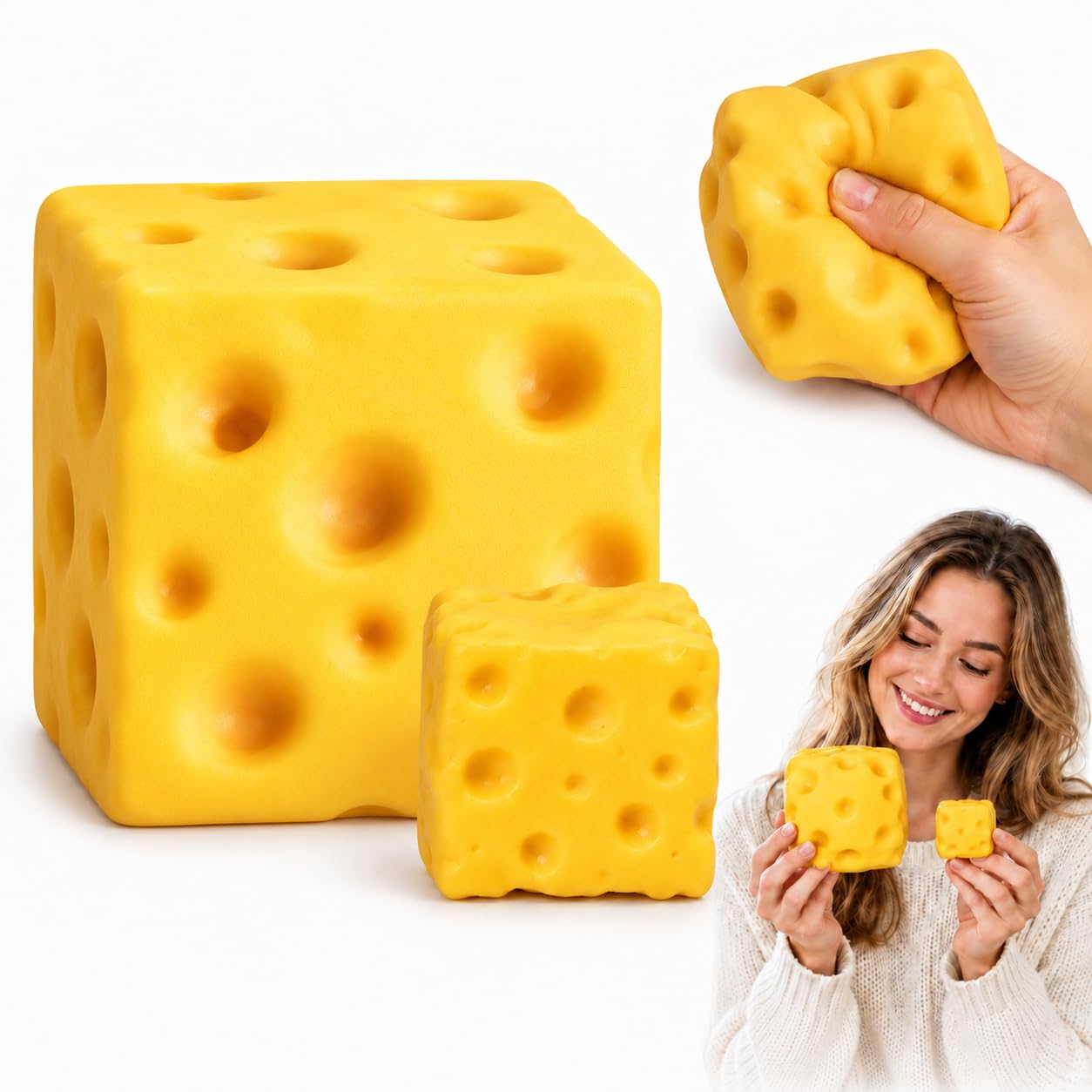 2 Pack Cheese Squishy Toys, 10 cm Large and 5 cm Mini Squeeze Toys