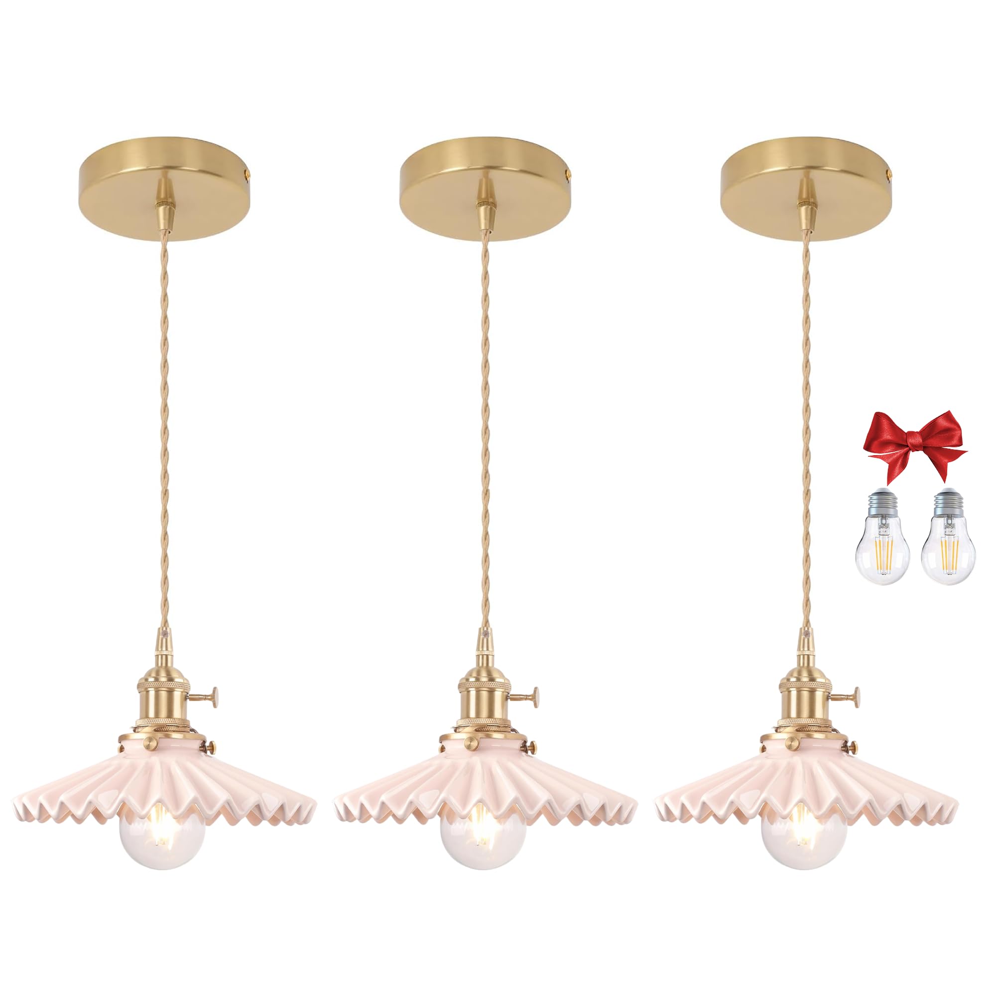 Bravsekai Pink Wavy Glass Pendant Light, Adjustable Cord with Switch, Suitable for Kitchen Island/Dining Room，3 Natural Light Bulbs Included,
