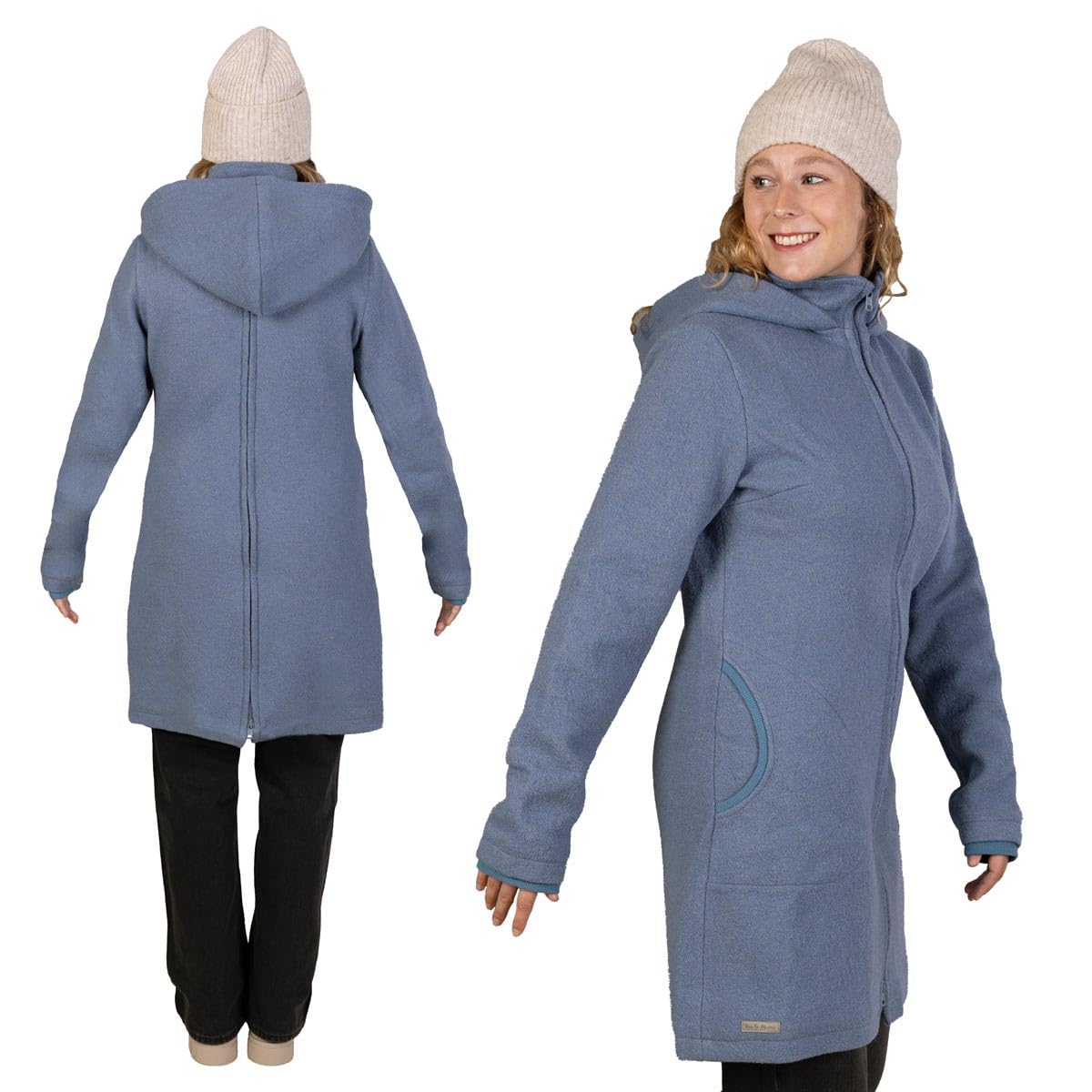 Viva la Mama – Wollmantel für Schwangerschaft & Babytragen vorn & hinten – 4in1 Umstands- und Tragemantel – warme Tragejacke - SMILLA - eisblau - S