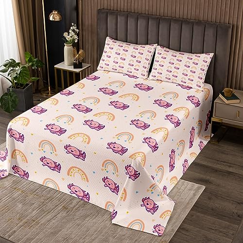 Erosebridal Cartoon Animal Coverlet Queen Size Cute Axolotl Bedding Set, Kawaii Ocean Wildlife Bedspread Set Girly Pink Pastel Quilt Set, Lovely Rainbow Bed Set Kids Room Decor 3pcs