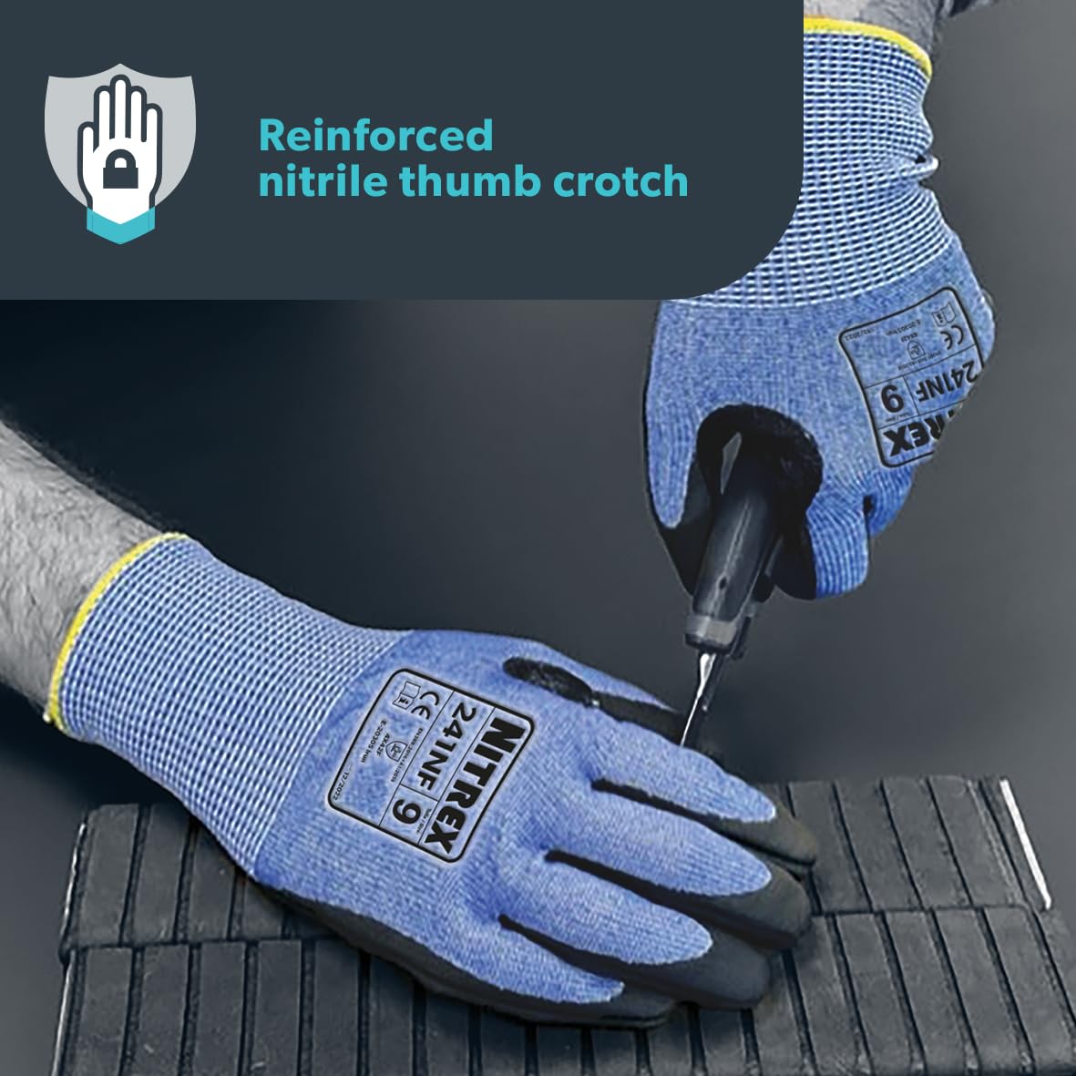 NITREX Unigloves Lot de 10 paires de gants résistants aux coupures avec revêtement en nitrile sablonneux sur la paume et technologie NitreGuard Noir ou Bleu Taille 6