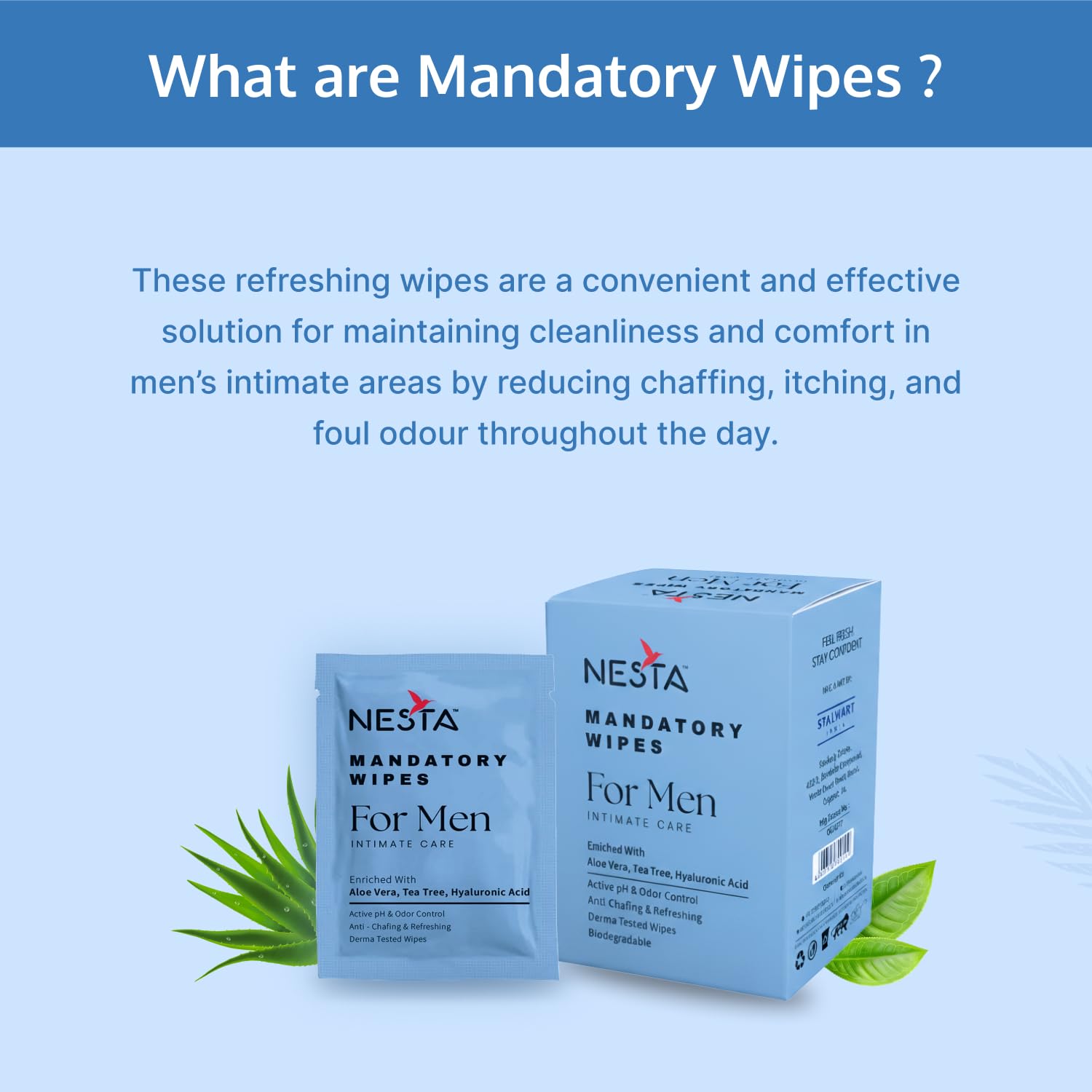 NESTA Mandatory Intimate Wipes for Men | pH Balanced Hygiene Pack Of 40 | Aloe Vera, Tea Tree & Hyaluronic Acid | Anti-Itch, Odor Control, Sweat Relief | On-the-Go Single Use Sachets | After Gym, Travel & Daily Freshness 1
