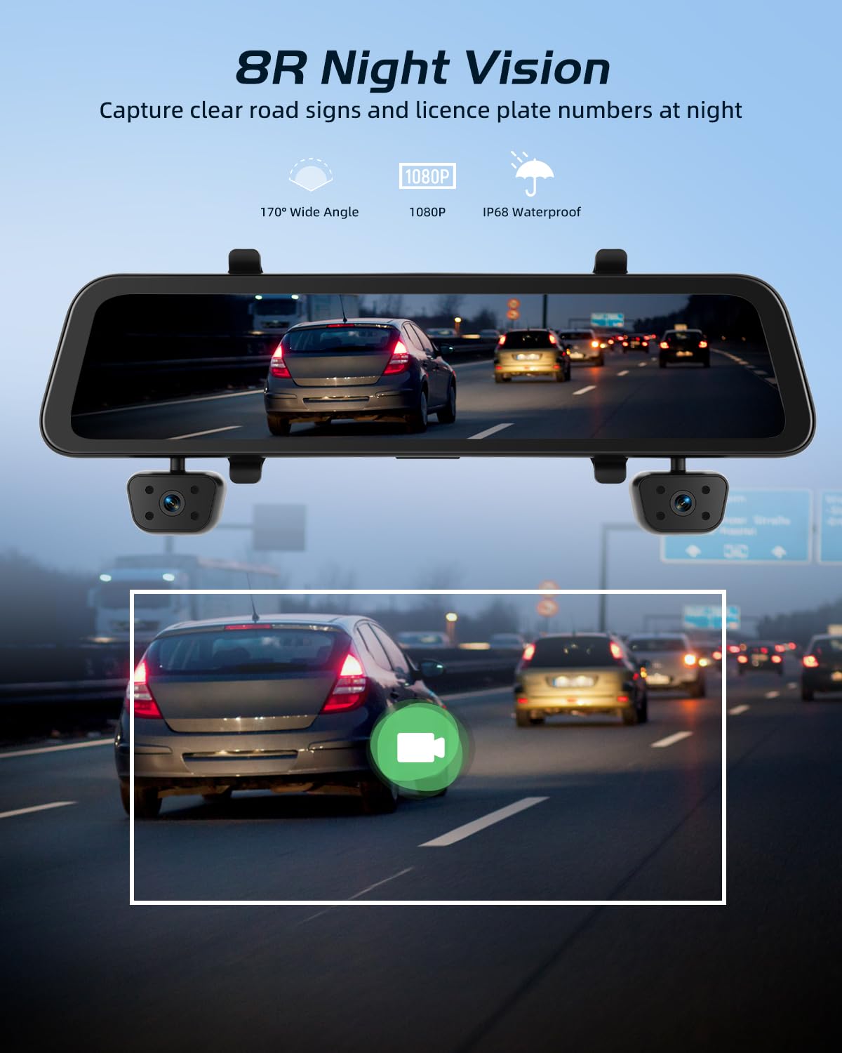 NHOPPEW Caméra embarquée à rétroviseur 4 canaux - Rétroviseur 12 Pouces Compatible GPS WiFi Contrôle Via Application Enregistrement en Boucle Capteurs G Moniteur de stationnement