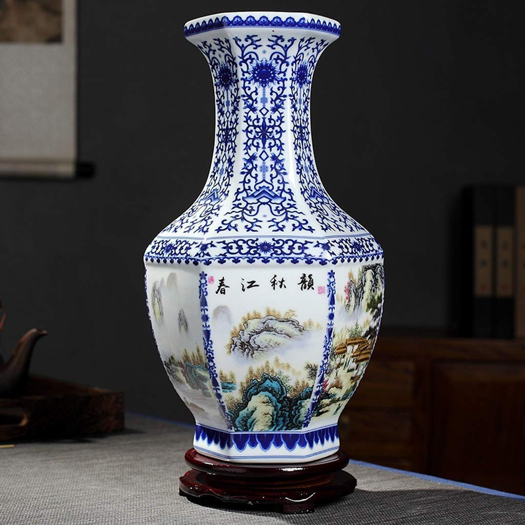 Wazon Antyczna Dekoracja Ceramiczna Sześciokątna Butelka Niebieska i Biała Porcelana Chińskie Ozdoby Salon Układ Kwiatowy Rzeźba Dekoracyjna, Średni (Średni)