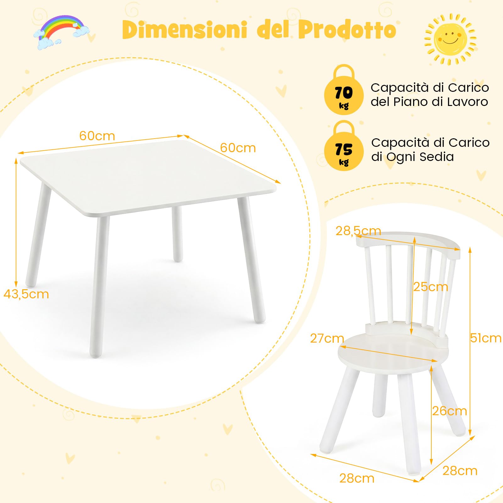 COSTWAY Set Tavolo e 2 Sedie per Bambini, Tavolo Attività con Schienali a Spindola Curvi, Sedute Rotonde e Gambe in Legno Massello, Tavolino per Bambini 3+ Anni per Disegno, Gioco e Studio (Bianco) - 3
