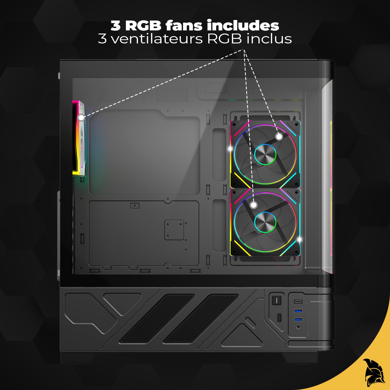 Empire Gaming ECM252 - Caja para PC Gaming Media Torre - Pantalla Digital integrada (Temperatura CPU/GPU, RPM) - 3 Ventiladores ARGB - Compatible con ATX, Micro-ATX, ITX - USB C (Negro)