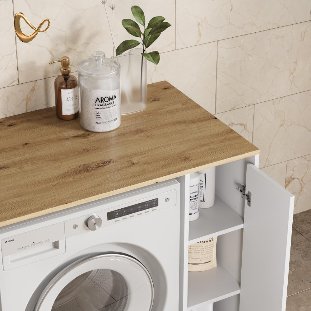 Livinity Armoire Machine à Laver Paolina, Blanc/Artisan, 93.6x88.2cm | 2 parties avec armoire et étagèreEspace supplémentaire au-dessus de l'appareil pour ranger les détergents et les accessoires