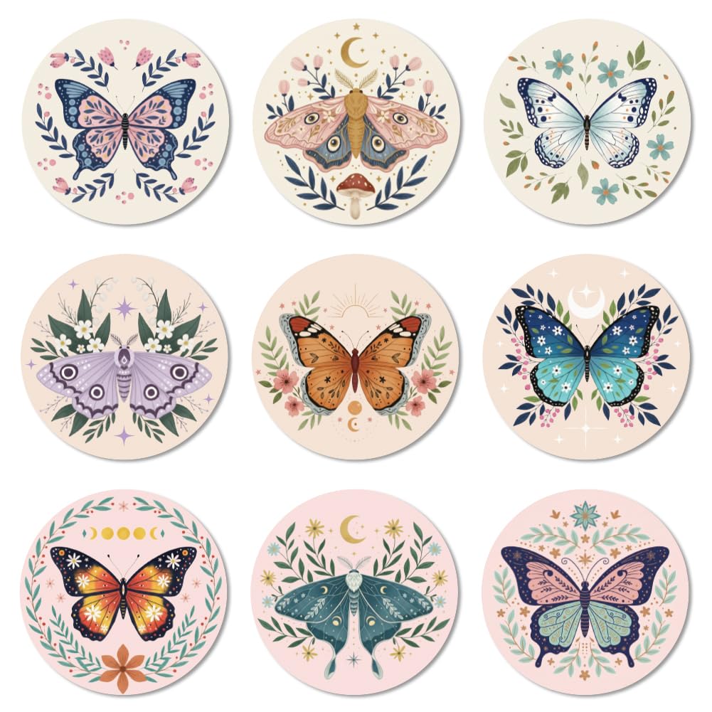 ANATTASOUL Wood Coasters Set of 9 for Drinks Boho Butterfly and Moth Colorful Wooden Cup Mat for Coffee Table Decor, 3.9" Round Desk Coasters for Home, Apartment, Office, Bar Gifts