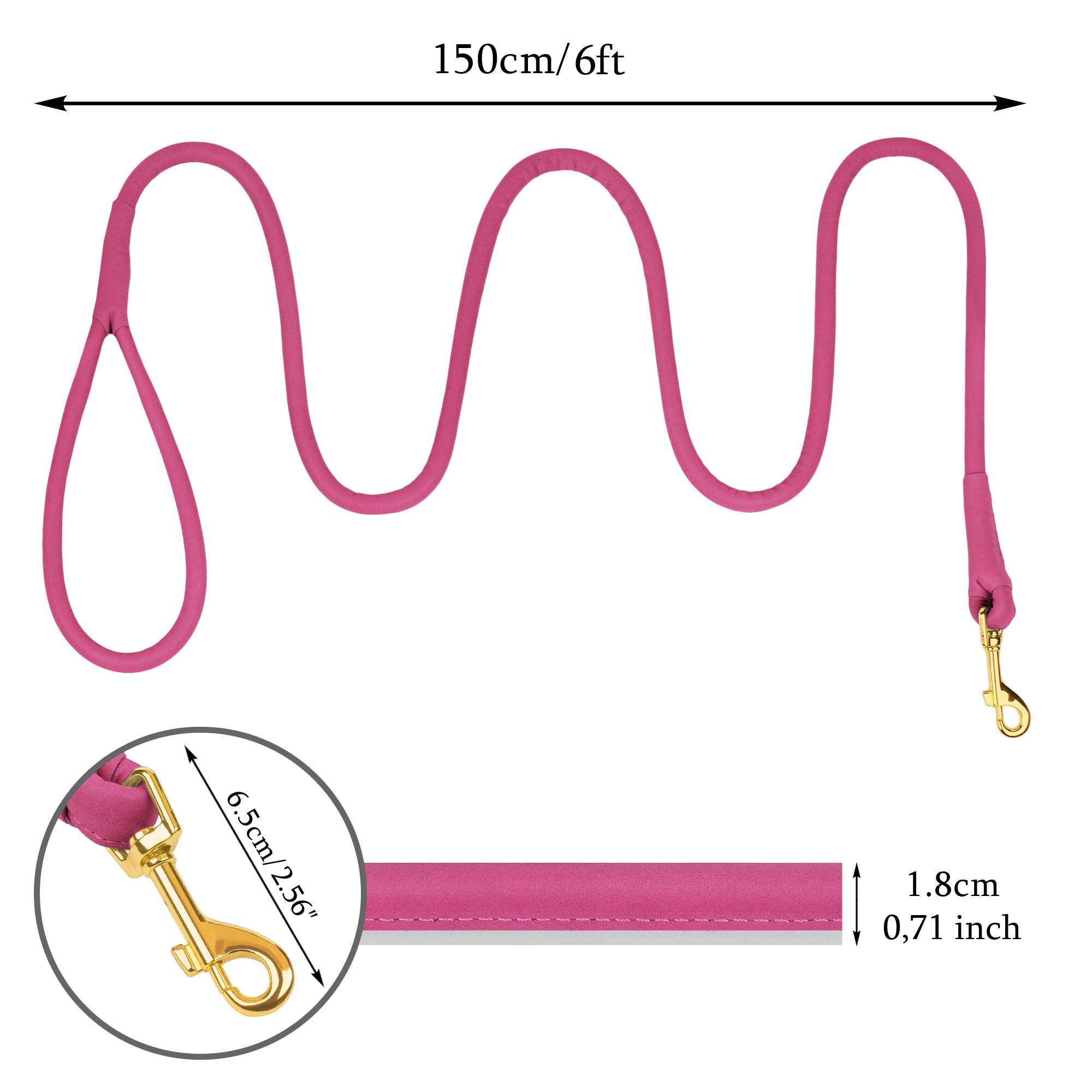 OOPSDOGGY Reflective Rolled Leather Dog Leash 6 ft Durable Dogs Lead for Small Medium Large Dogs (Pink, Small) - Image 3