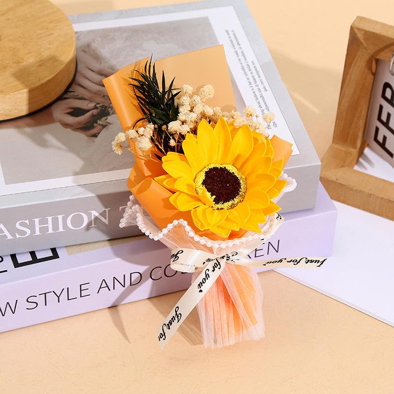 Image of Mini Artificial Sunflower Bouquet with Ribbon | Small Handheld Flower Gift | Cute Desk Decor | Romantic Pocket Size Floral Arrangement for Gift (Yellow)