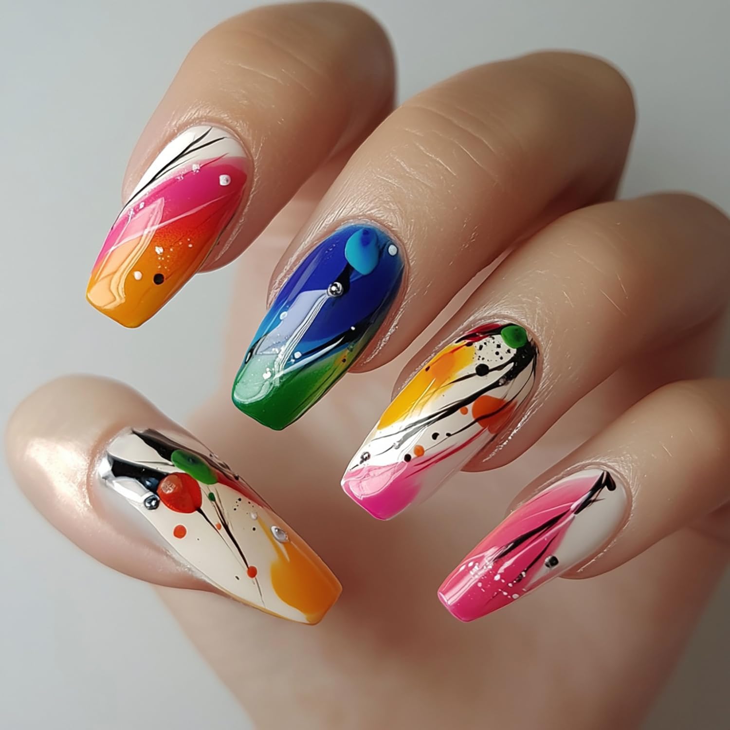 24Pcs Smudge Press on Nails, Acrylic Full Cover Coffin Nails - Colorful Smudge and Black Lines Design, Medium Ballet Shape