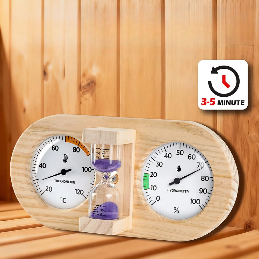 Termohigrómetro de sauna con temporizador de reloj de arena, medidor de temperatura y humedad montado en la pared de madera de pino para sala de sauna, 20-120 °C 0-100% HR (A)