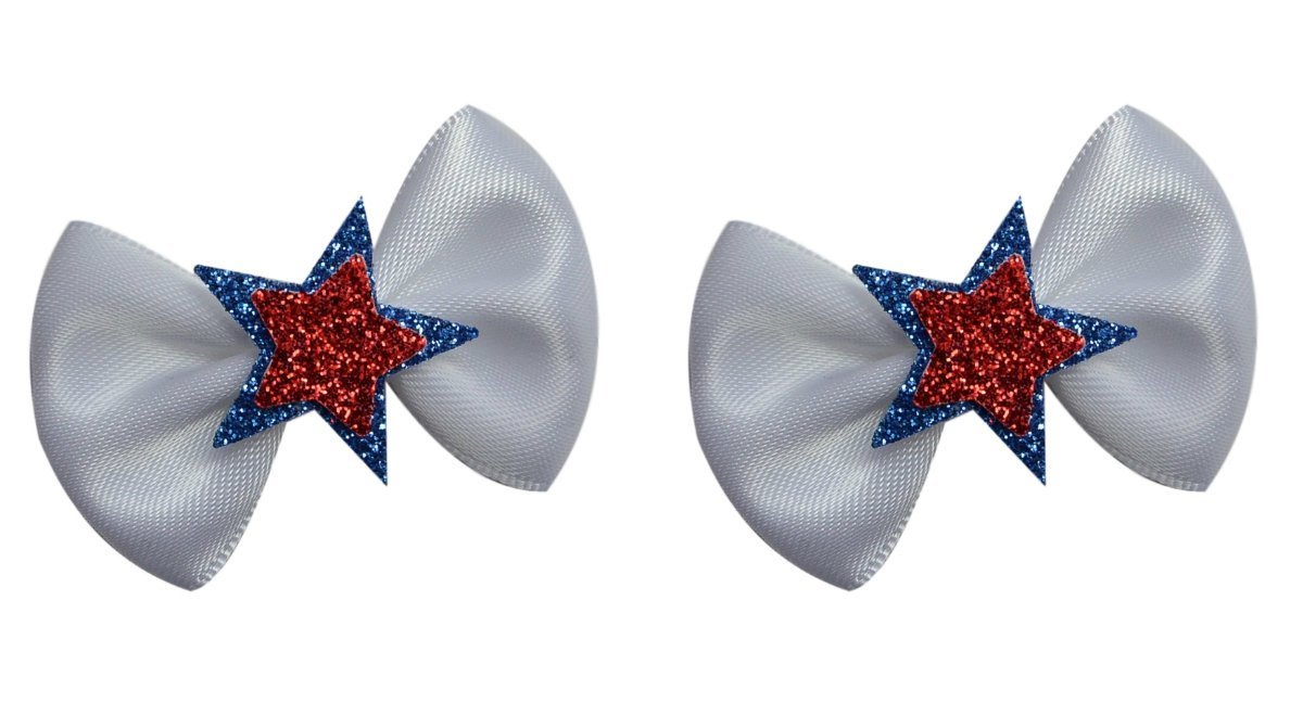 Baby Girls Mini Satin Sparkling Stars 4th of July Hair Bow Set by Funny Girl Designs (Baby Snap Clips - For Fine Wispy Hair, White)