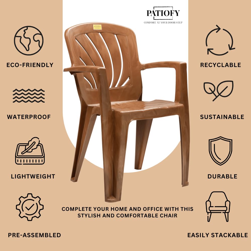 Patiofy Plastic Chair for Home & Outdoor Use | Stackable, Easy to Clean | Heavy Duty Comfortable Chair with Strong Legs | Suitable for Patio, Garden, Balcony, Patio Pack of 4 (Sandalwood) 3