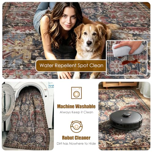 Image of RUGSURE Washable Area Rugs - Perfect for Living Room, Bedroom, Kids Room, Nursery - Stain & Water Resistant Non-Slip, Pet & Child Friendly, Vintage Tribal Area Rugs (Rust, 5' x 7')
