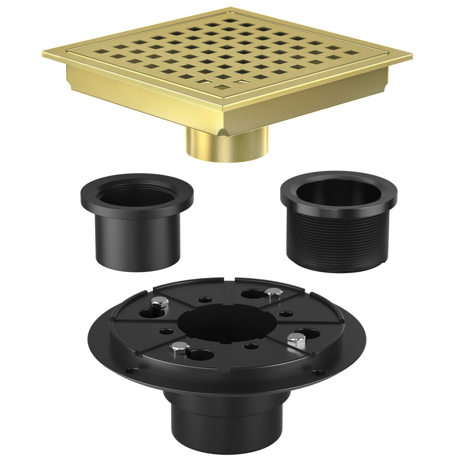 Shower Drain Brushed Gold 4-3/8 Inch, Square Floor Drain, Stainless Steel Bathroom Drain Kit with ABS Flange, Removable Grid Cover, Hair Strainer