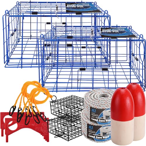 A1FISHER 2 Packs Pacific Folding Crab Trap 24''x24''x12'' Kit, with Crab Bait Cage, Gauge Measure, Trap Harness, 5/16' Dia-100’ Leaded Core Rope with 12.8’’x5.5’’ Red/White Float Buoy for Dungeness