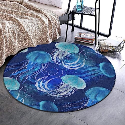 Fashion Decoration Rug Area Bedroom Comfortable Compatible with Underwater Blue Jellyfish Carpet with Non-Slip Rubber Bottom, Multi-Purpose Desk Sofa Floor Pad for Party Tent Picnic