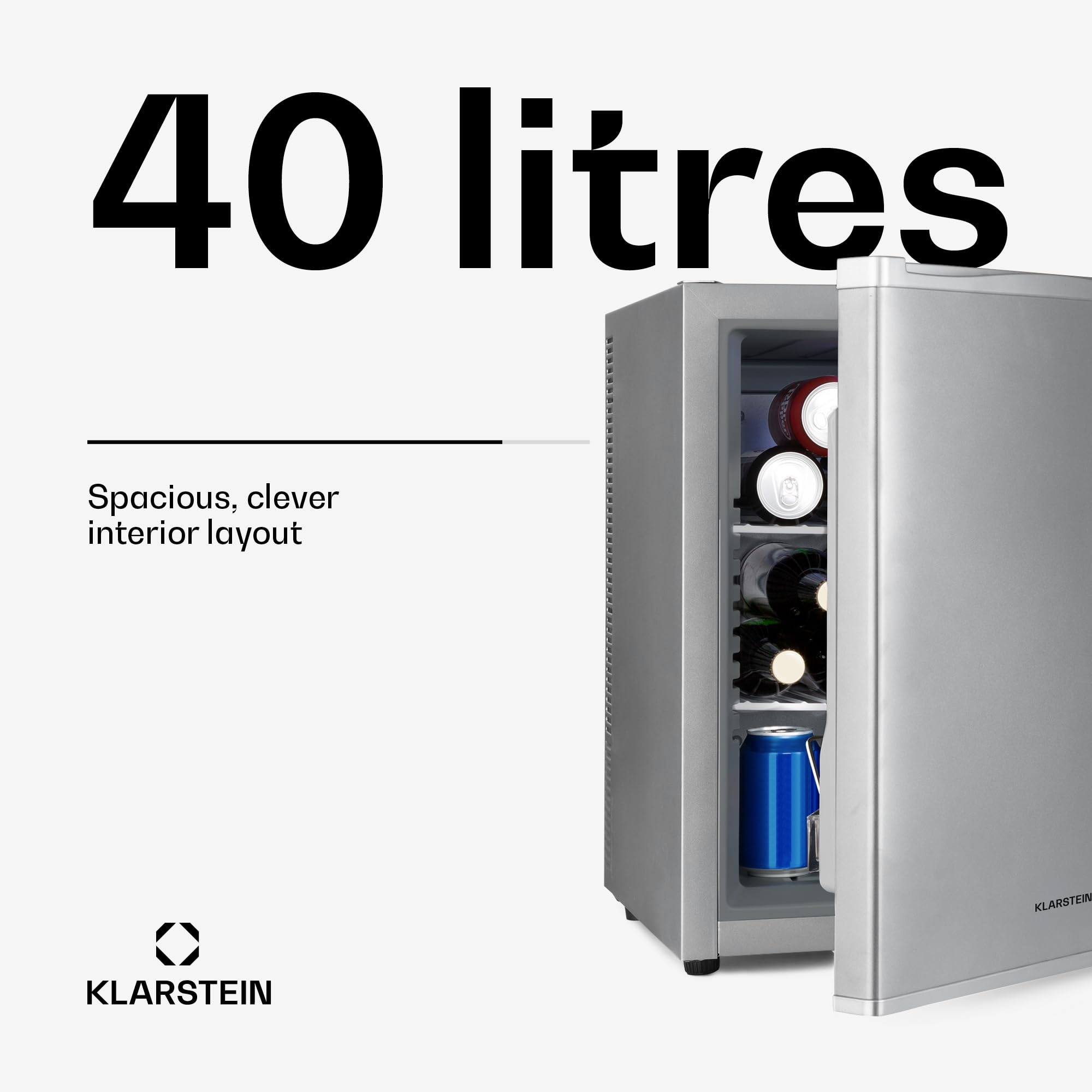 Klarstein Happy Hour - minibar, mini lodówka, lodówka na napoje, kompresor, temperatura chłodzenia: 5-15 °C, cichy: 0 dB, oświetlenie LED, 37 litrów, srebrny