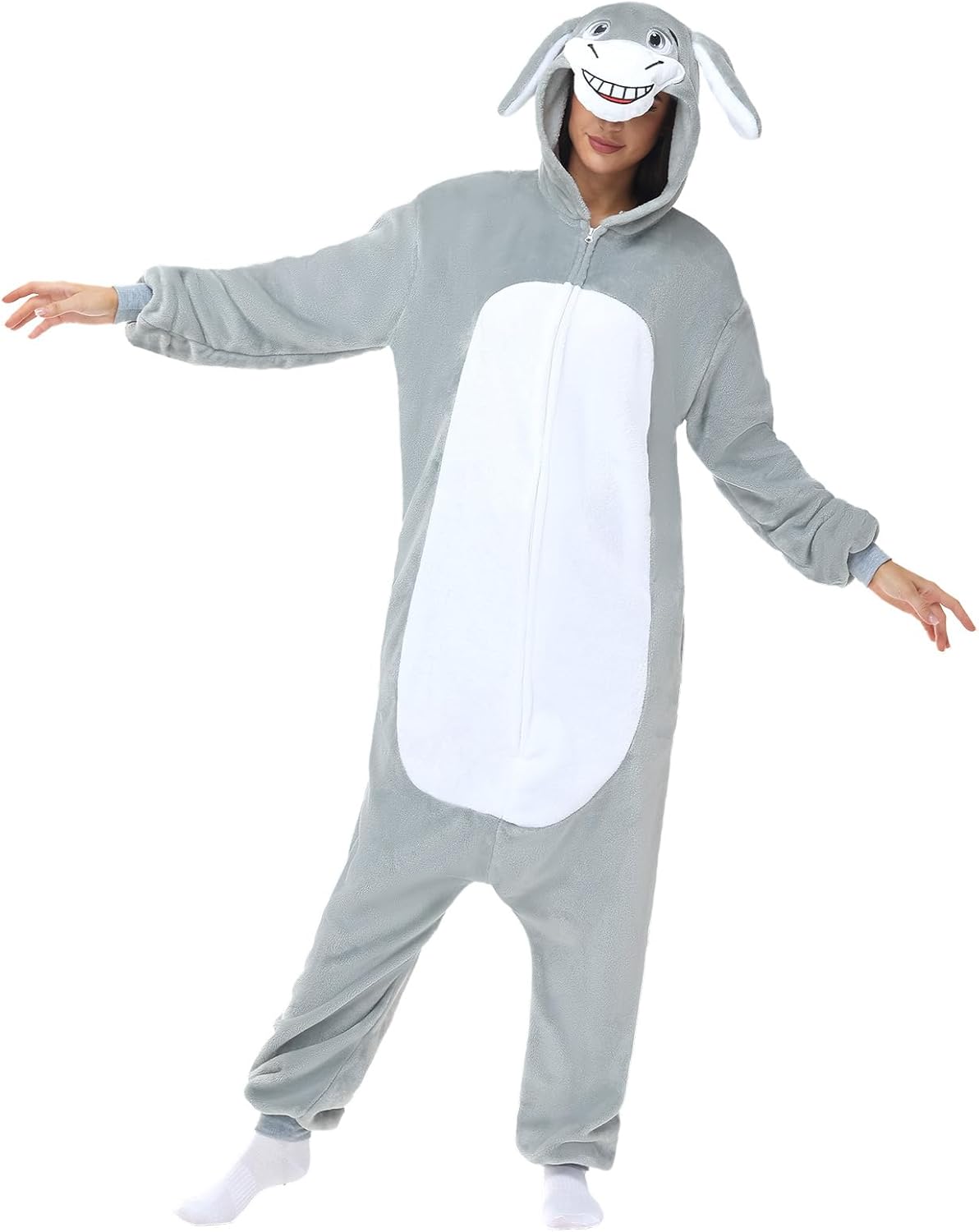 Grey Hooded Donkey Costume Adult - Unisex Animal Onesie for Halloween Cosplay Party - Image 2