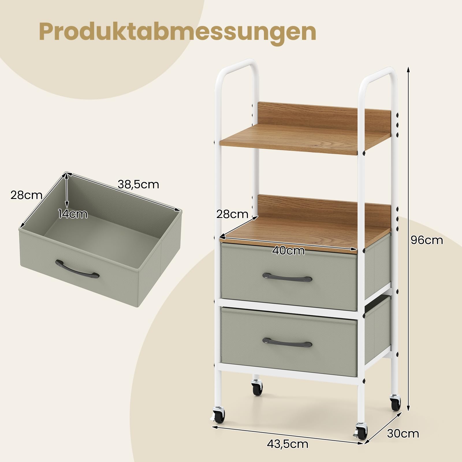 COSTWAY Wózek na kółkach z 2 szufladami z materiału i półkami, kontener na kółkach z 4 kółkami i metalową ramą, wózek z szufladami, wąski, wózek do serwowania do domu i biura, 30 x 43,5 x 96 cm