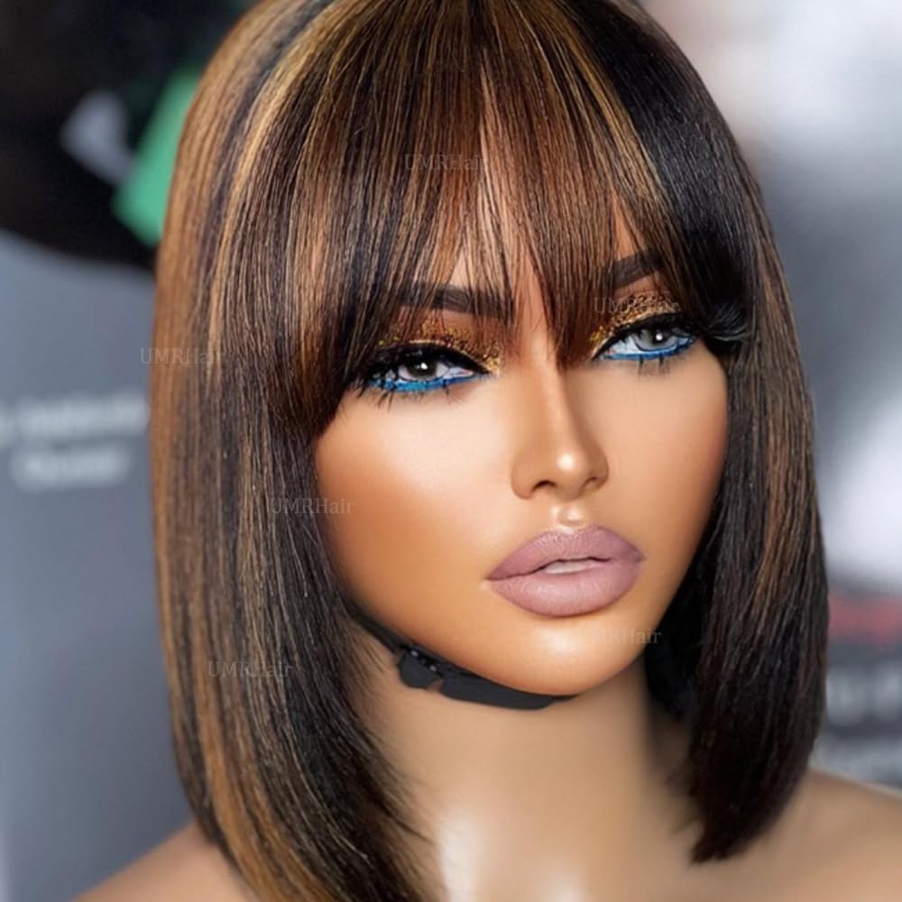 Highlight Ombre Short Brown Straight Bob Wig with Bang Human Hair for Women Scalp Top Human Hair Wigs with Bang Glueless Wigs Realistic Look Wear and Go Friendly 12inch 180Density