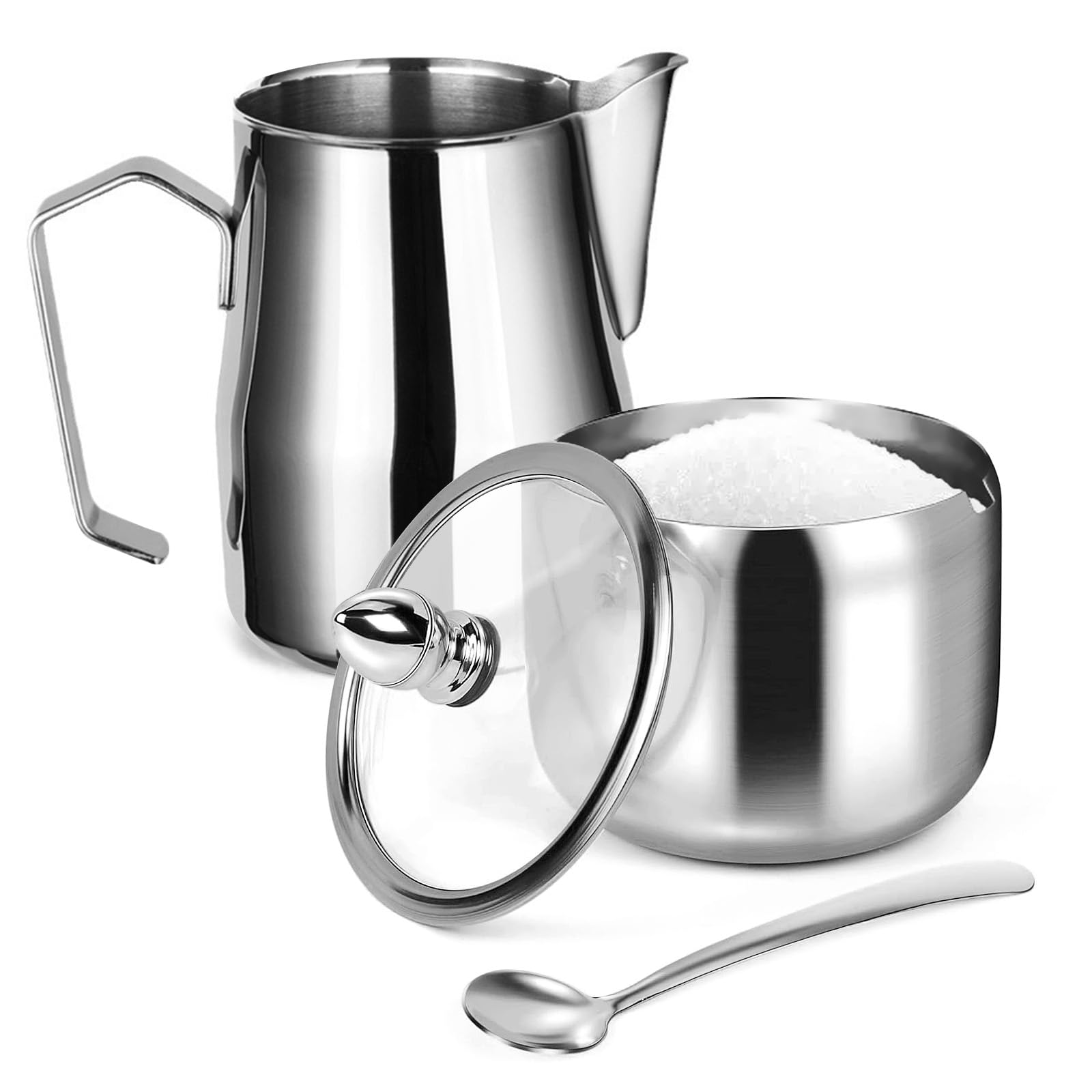 Azucarero y Jarra Leche Set,Jarra Leche Barista,Jarra de Leche Acero inoxidable,Azucarero de acero inoxidable con cuchara y tapa de cristal,para Barista, Capuchino