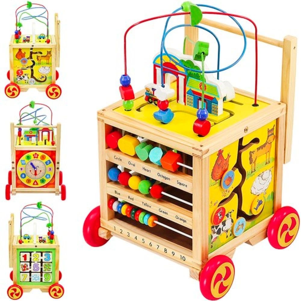 Cubo de Actividades. Andador de Madera para Bebé – Cubo de Actividades 5 en 1 con Laberinto de Cuentas, Juegos Educativos y Motricidad – Juguete de Aprendizaje para Niños a partir de 12 Meses.