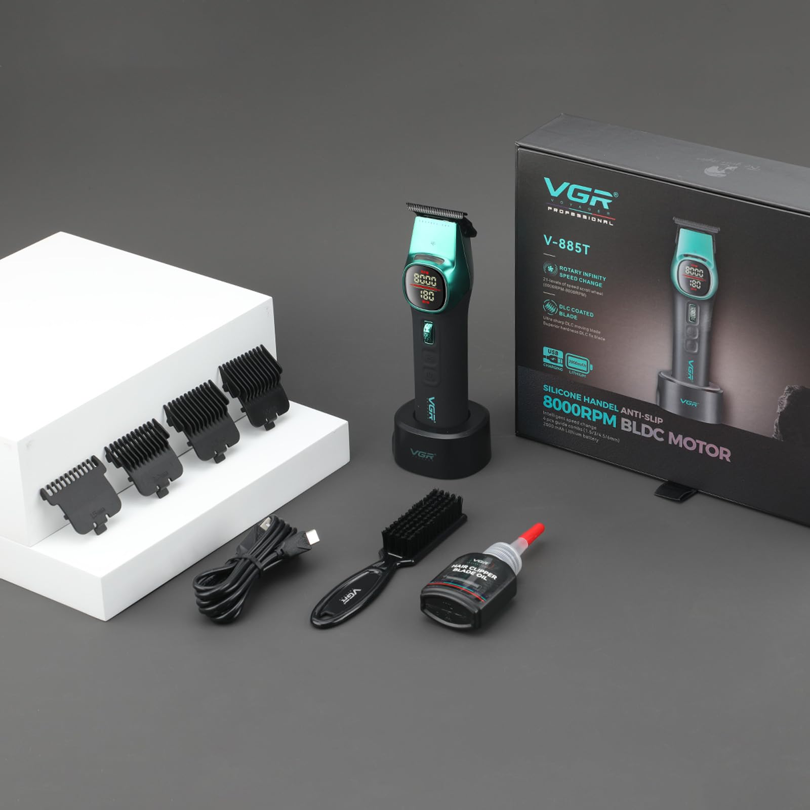 VGR 885T - Rasoio per capelli da uomo, T-Blade, display a LED, 180-220 min | Spot luce LED, 6000-8000 giri/min, velocità 21 livelli, batteria 2000mAh, manico in silicone design antiscivolo