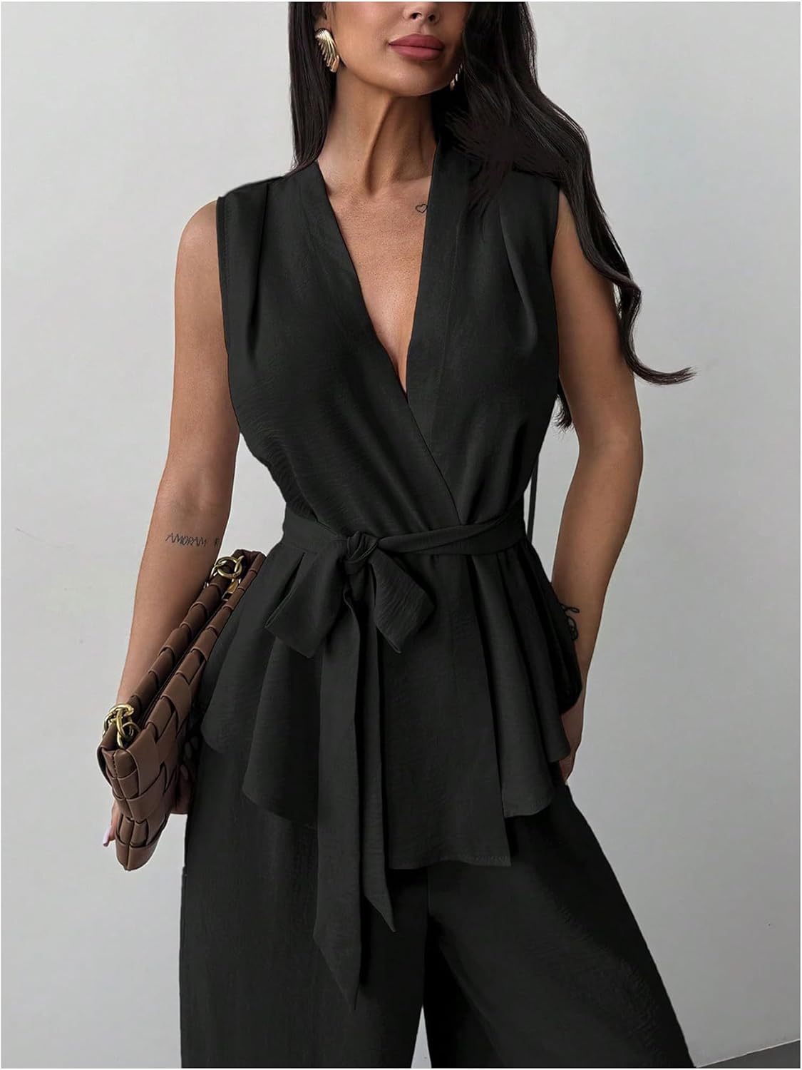 Verdusa Women's 2 Piece Old Money Clothes Tie Waist Wrap Vest with Dress Pants Clothing Sets - Image 4