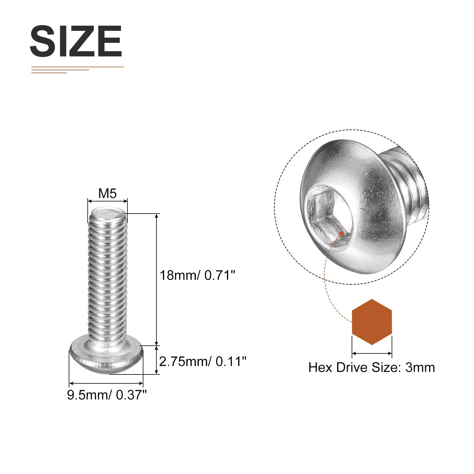 DTGN M5-0.8x18mm Button Head Socket Cap Screws - 40Pack - Good for Machine - 304 Stainless Steel 18/8 - Hex Drive Full Thread Fasteners - Image 2