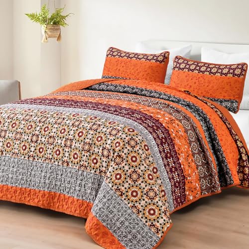 WONGS Bedding Burnt Oange YS01AC080686AF-A - Juego de edredón Bohemio a Rayas Florales