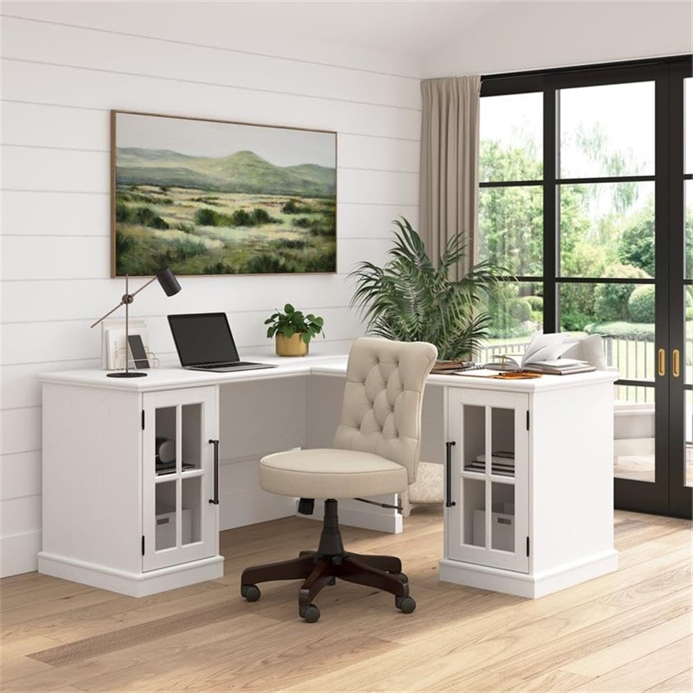 Bush Home Westbrook 60W L Shaped Desk with Storage in White Ash | Farmhouse Desk for Home Office Workspace
