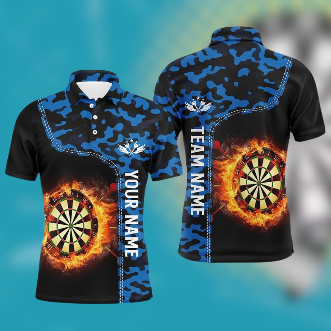 Personalized Dart Shirts for Men, Custom Dart Jersey for Team, Flame Dartboard Shirt, USAME Flag Dart Polo Shirt, Funny Men's Dart Shirts