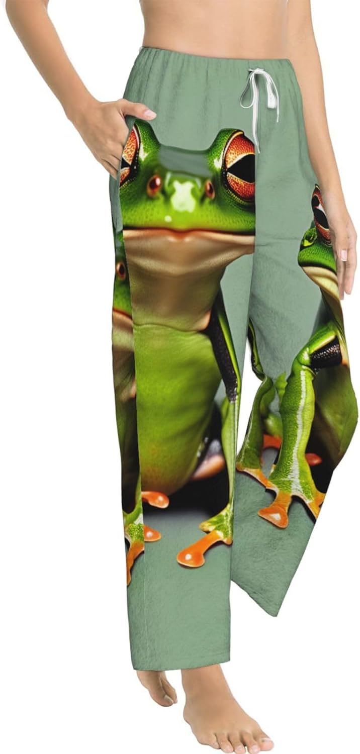 Funny Green Frogs Print Women'S Flannel Pajama Pants,Soft Warm Pajama Bottoms,Perfect For Holiday Lounging