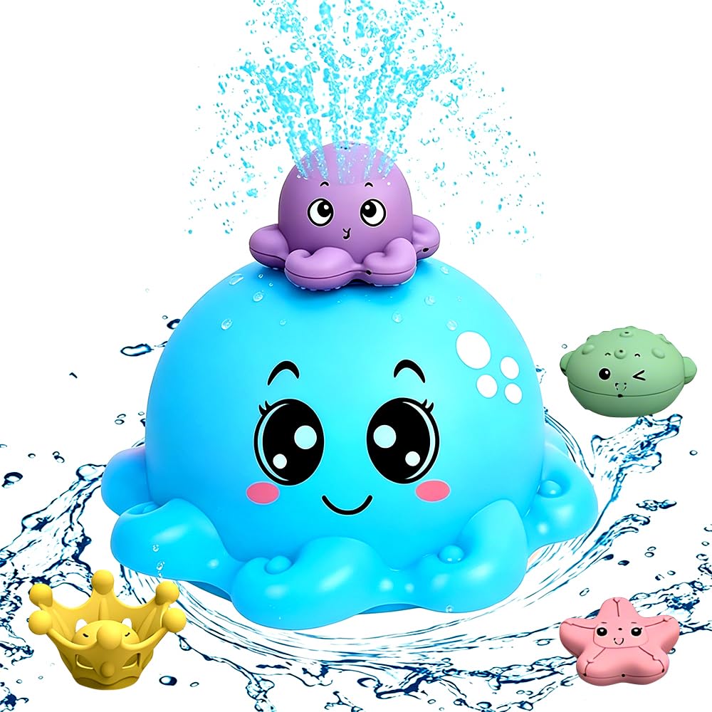 HATFRYF Baby Bath Toys, Octopus Sensory Light Up Bath Toys for Babies, Auto-Sensing Water Spray Sprinkler Toy Baths Lights, Floating Fountain Shower Toy (Blue)
